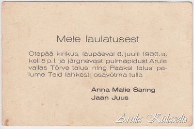 16. Jaan Juus ja Anna Saaring pulmakutse.